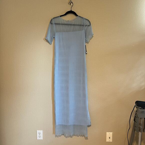 French Connection Saskia Ruched Sheer Yoke Short Sleeve Midi Dress Blue Size S - Picture 3 of 13